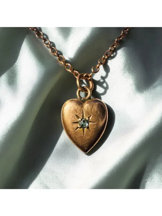 ANTIQUE 10K Gold Old Mine Cut Diamond Heart Puff Necklace - 14" -Victorian -1.6g - Picture 14 of 16